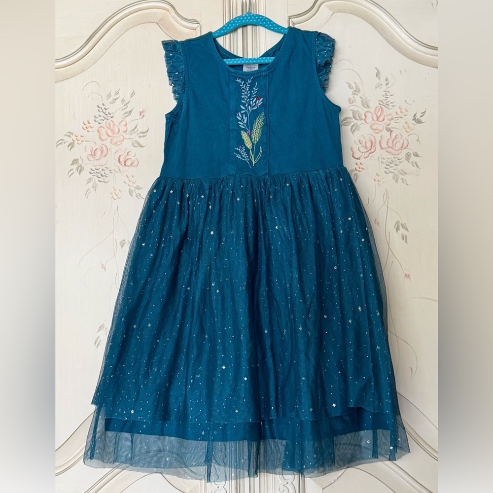 Hanna Andersson Frozen II Elsa 140/10 Sparkly Teal Flutter Sleeve Tulle Dress